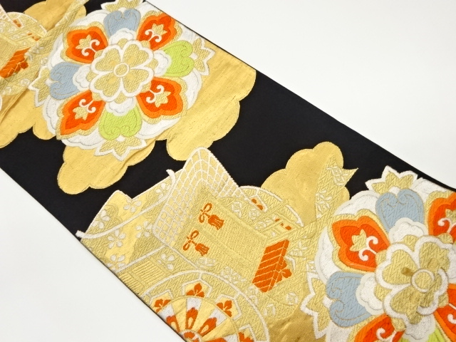 JAPANESE KIMONO / VINTAGE FUKURO OBI / WOVEN FLOWER CREST & CARRIAGE